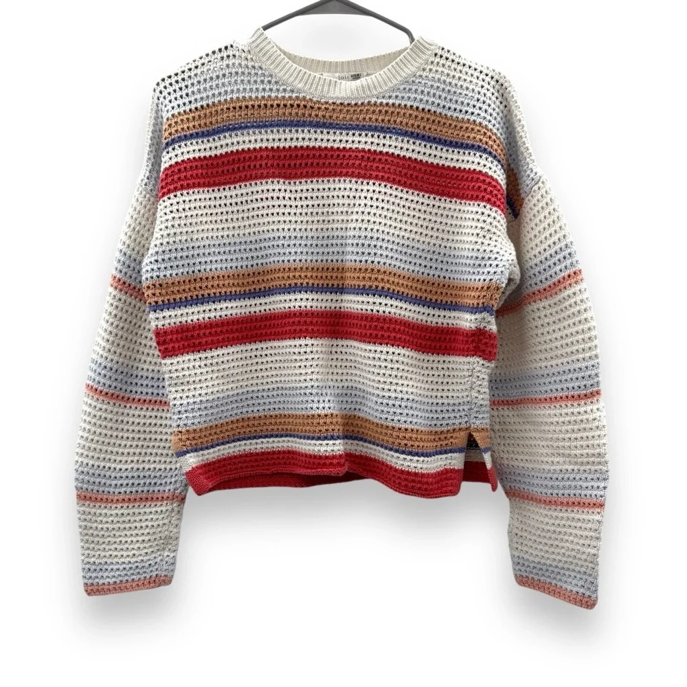 RTR Joie Diza White Multicolor Striped Open Knit‎ Long Sleeve Cropped Sweater L